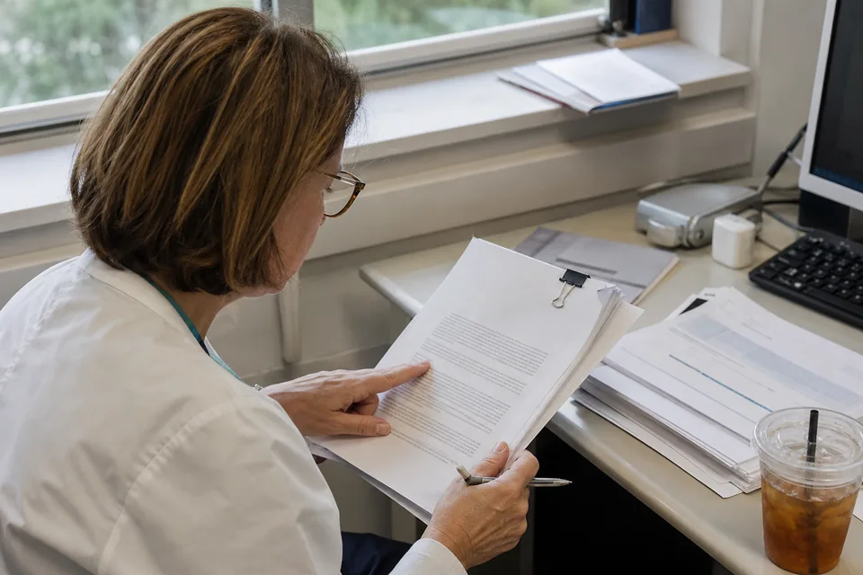 Clinician reading a printed trial protocol