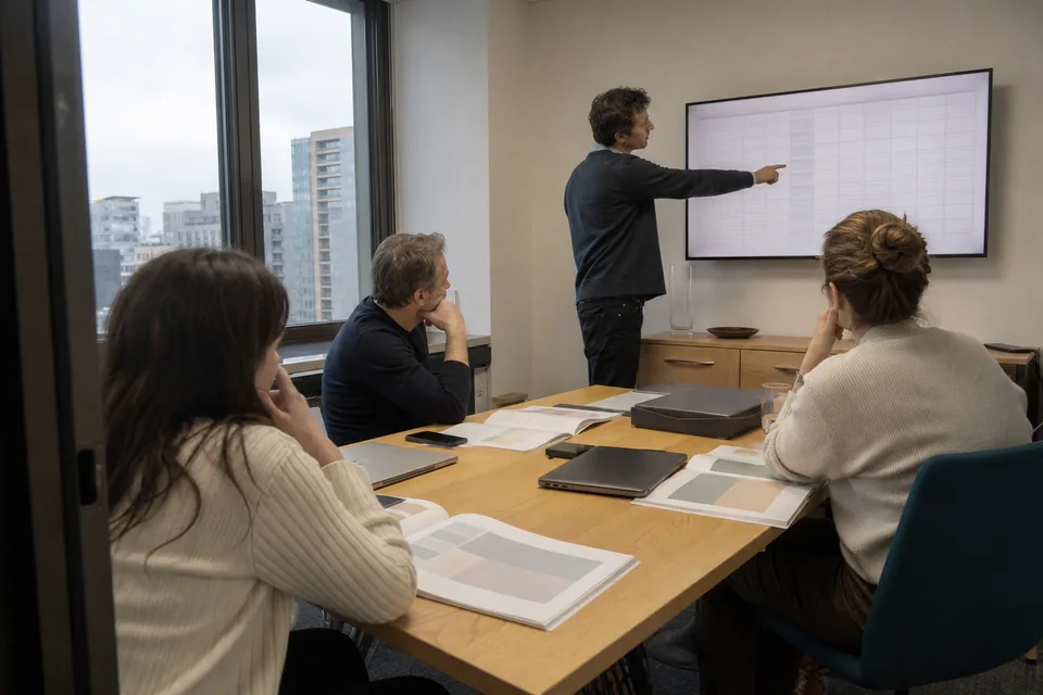 Team reviewing trial data on a screen